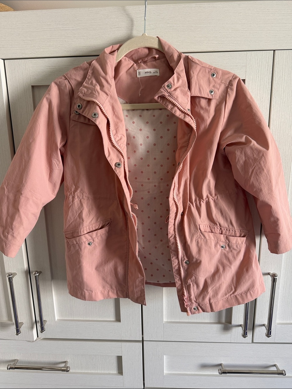 Mango Kids' Dusty Pink Hooded Raincoat with Polka-Dot Lining